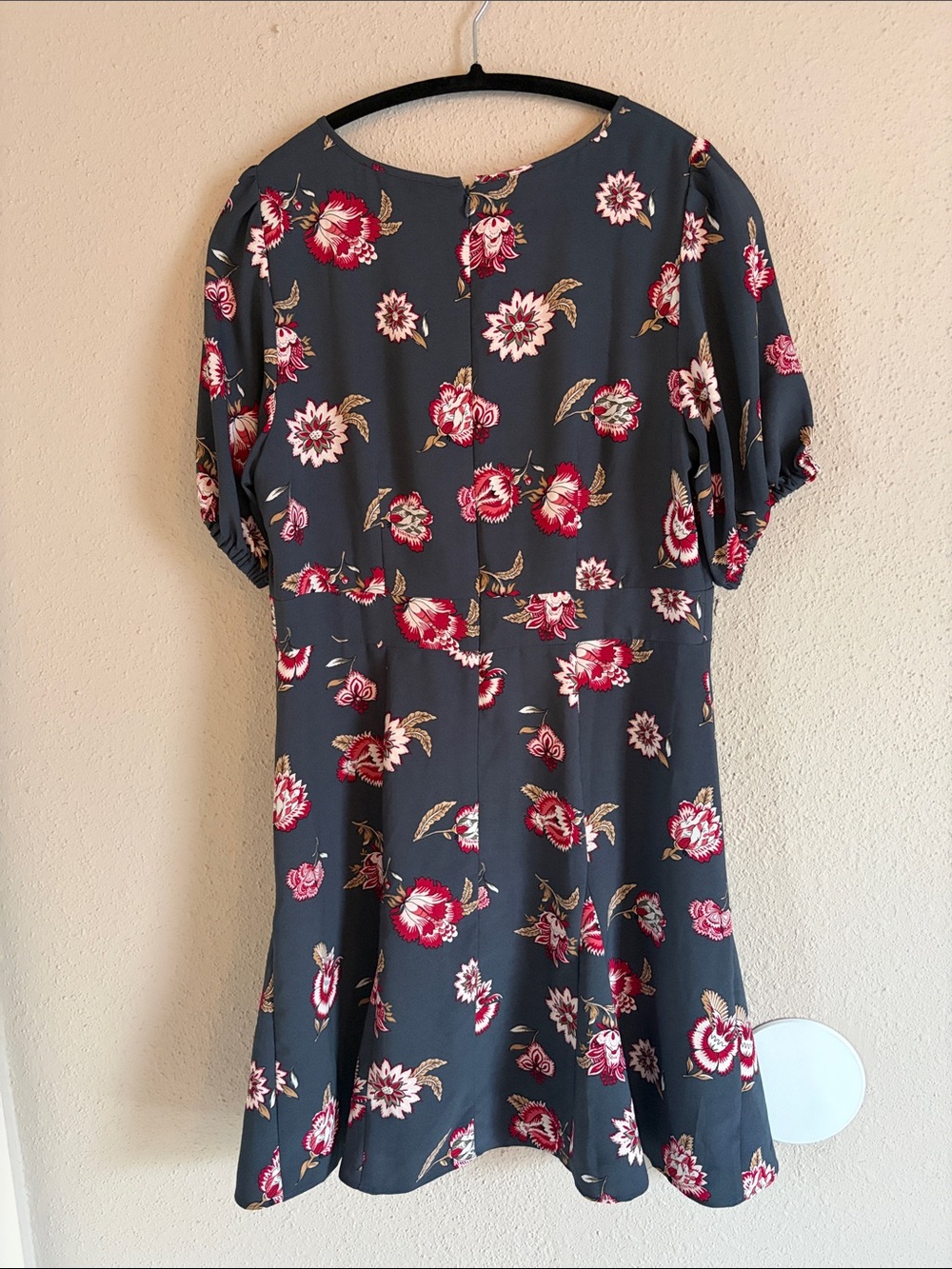 LOFT Charcoal Midi Dress with Red and Pink Floral Print - Picture 3 of 6